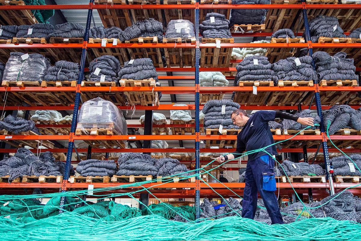 A man works in Nordsotrawl, Danish manufacturers of high-quality fishing gear, located in the port of Thyboron in Jutland, Denmark. Among the 300 members of the local fishing association, the largest in the country, many of them nowadays realize between 10 and 70% of their catches are in the rich British waters of the North Sea. The British want to regain exclusive control of it after Brexit, causing great concern among