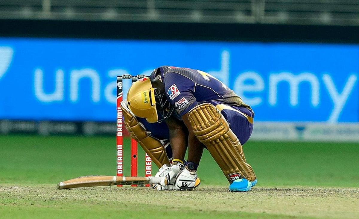 Andre Russell of Kolkata Knight Riders reacts after getting dismissed against Rajasthan Royals. Credit: PTI
