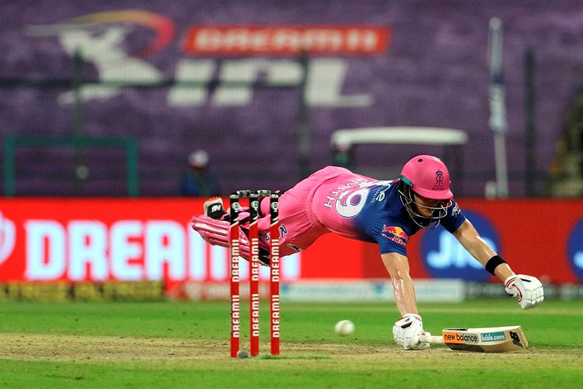 Steve Smith of Rajasthan Royals dives to complete a run during the Indian Premier League (IPL) cricket match against Kings XI Punjab. Credit: PTI