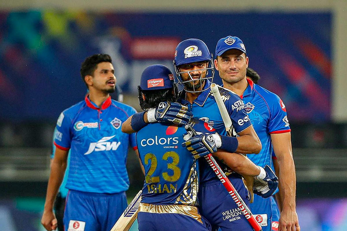 Mumbai Indians players celebrate after winning the final cricket match of the IPL T20 against Delhi Capitals. Credit: PTI Photo
