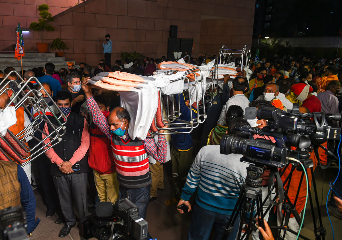 Preparations at BJP Headquarters after party's lead in the Bihar Assembly polls, at BJP HQ in New Delhi. Credit: PTI Photo