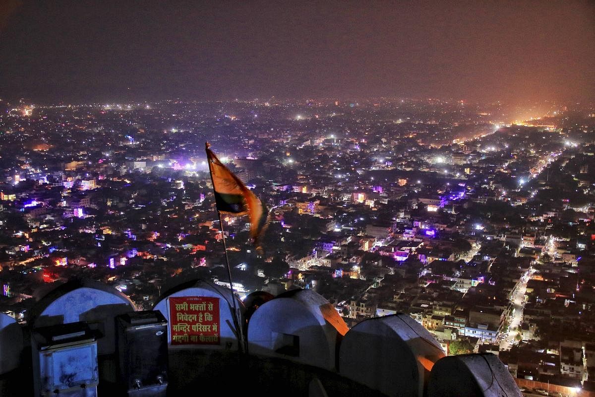 A view of the city of Jaipur illuminated on the eve of the Diwali Festival. Credit: PTI Photo