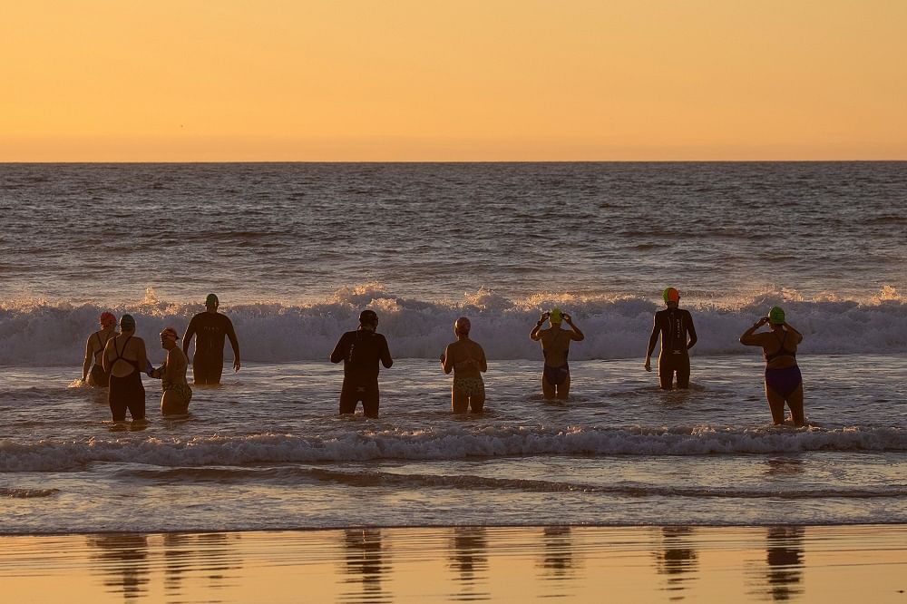 A group of swimmers go for an evening swim in the Pacific Ocean in California. Credits: Reuters Photo