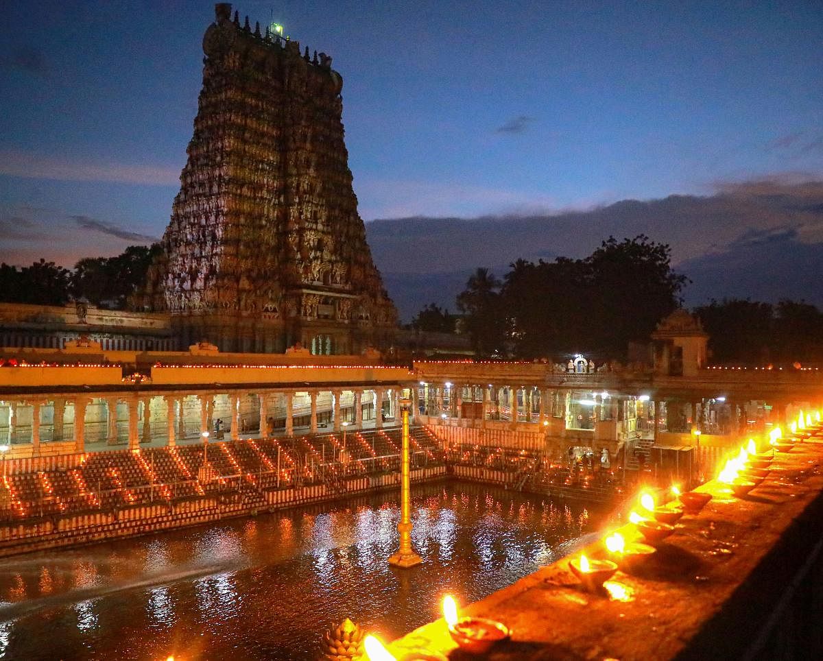 Illuminated Meenakshi Amman Temple on the eve of 'Kartika Purnima' festival, in Madurai. Credit: PTI Photo