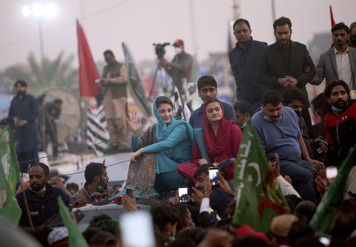 Maryam Nawaz Sharif, leader of the Pakistan Democratic Movement, an alliance of opposition parties, waves to her supporter during an anti-government rally, in Multan, Pakistan. Despite a government ban and arrests of hundreds of activists, Pakistani opposition supporters rallied in a central city on Monday, calling on Prime Minister Imran Khan to resign over alleged bad governance and incompetence. Credit: AP/PTI Photo