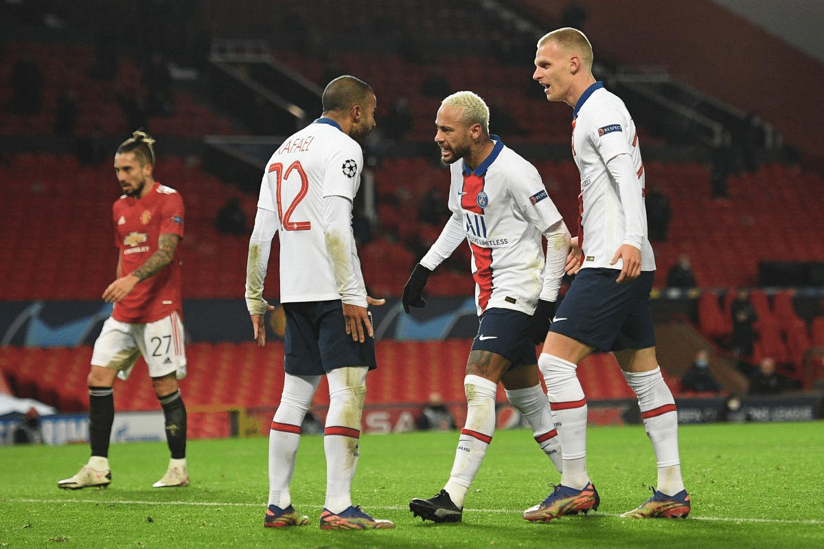 Neymar (C) celebrates with teammates after he scores his team's third goal during the UEFA Champions League group H football match between Manchester United and Paris Saint Germain at Old Trafford in Manchester, north west England. Credit: AFP Photo