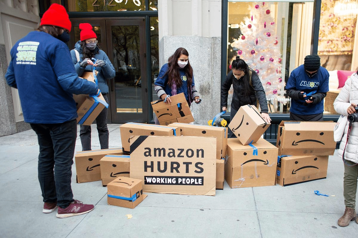 Amazon workers and community allies demonstrate during a protest organized by New York Communities for Change and Make the Road New York in front of the Jeff Bezos' Manhattan residence in New York. Credit: AFP Photo