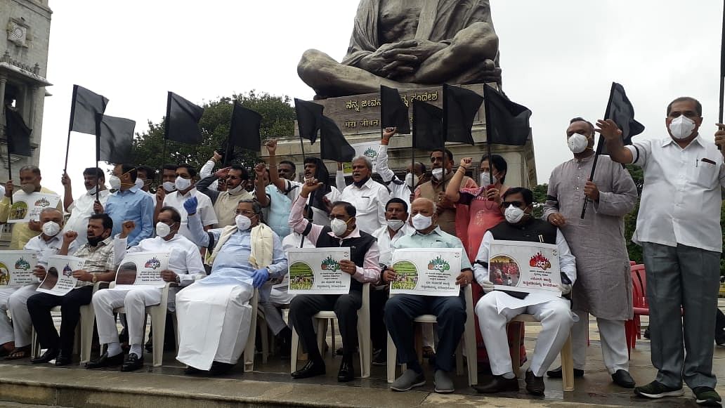 Congress MLA, MLCs staging protest to support farmers, against BJP Government in front Gandi statue, Vidhana Soudha in Bengaluru. Credit: DH Photo.