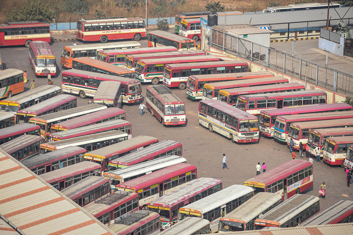 Buses parked at Kaushambi terminal during a nationwide strike, called by agitating farmers to press for repeal of the Centre's agri-laws, in Ghaziabad. Credit: PTI Photo.