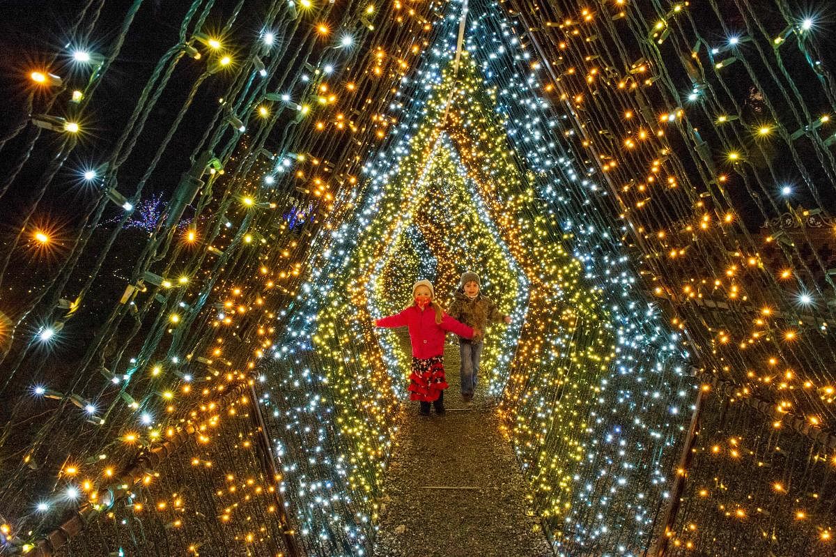 Two children walk past 200,000 lights that decorate a winter wonderland where people walk through at Naumkeag, part of the land managed by the Trustees of Reservations, in Stockbridge, Massachusetts. Credit: AFP