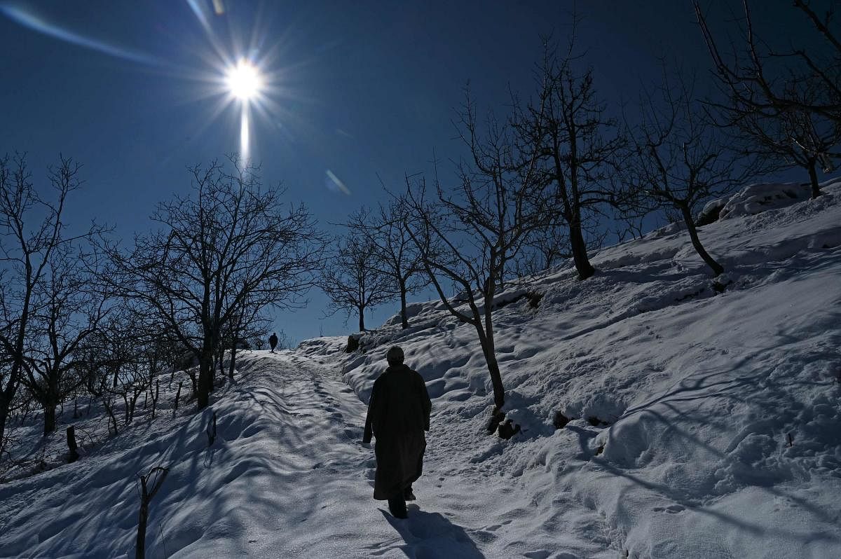 A man walks on a snow-covered path after a snowfall at Kanidajan area of Budgam district in Srinagar. Credit: AFP