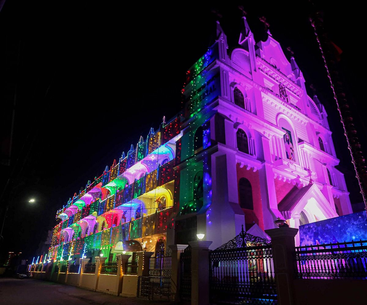 St Thomas Orthodox Cathedral Church illuminated with colourful lights ahead of Christmas festival in Bhopal, Tuesday, Dec. 22, 2020. Credit: PTI Photo