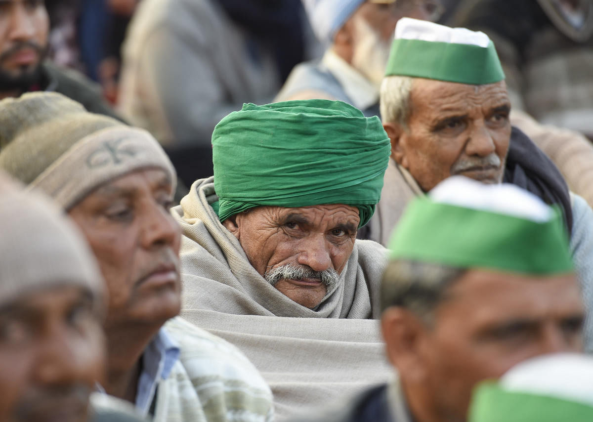 Farmers during 'Delhi Chalo' protest march against the new farm laws, at Ghazipur border in New Delhi. Credit: PTI