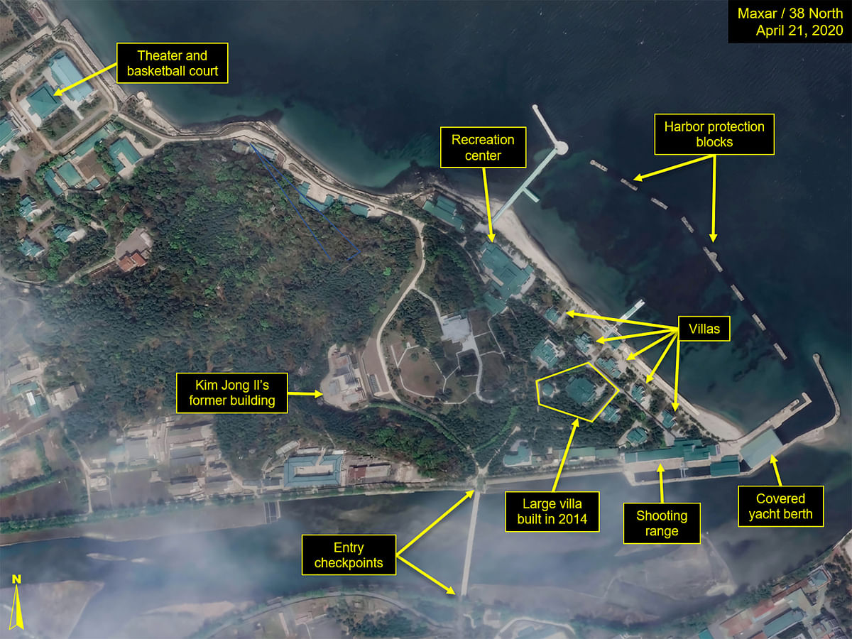 What is described by Washington-based North Korea monitoring project 38 North as a leadership train station servicing North Korean leader Kim Jong Un's Wonsan complex is seen in a satellite image with graphics taken over Wonsan, North Korea. (Reuters)