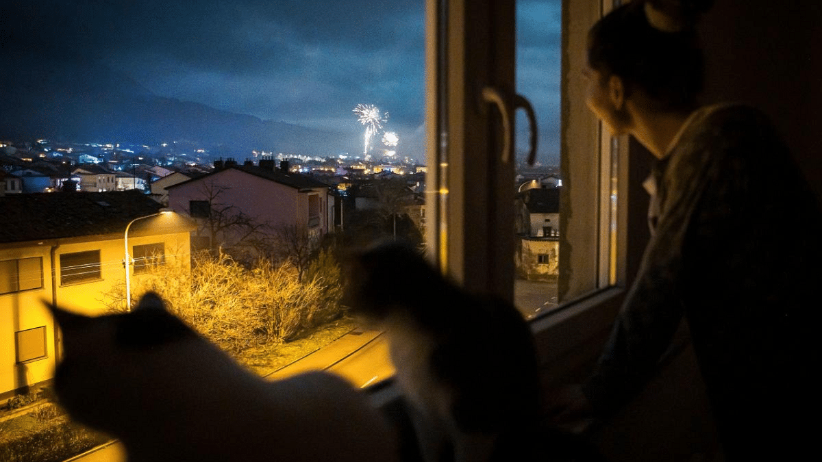 A woman and her cats look at the new year’s eve fireworks through her window of her home in Ajdovscina, Slovenia. Credit: AFP