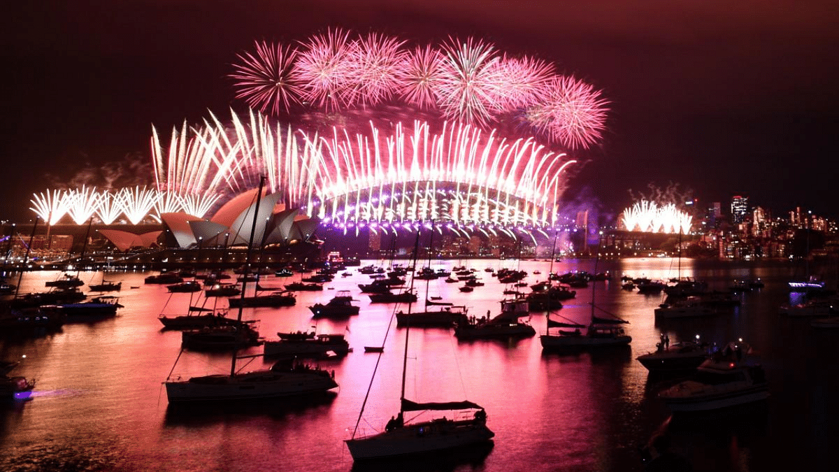 New Year's Eve fireworks errupt over Sydney's iconic Harbour Bridge and Opera House (L) during the fireworks show. Credit: AFP