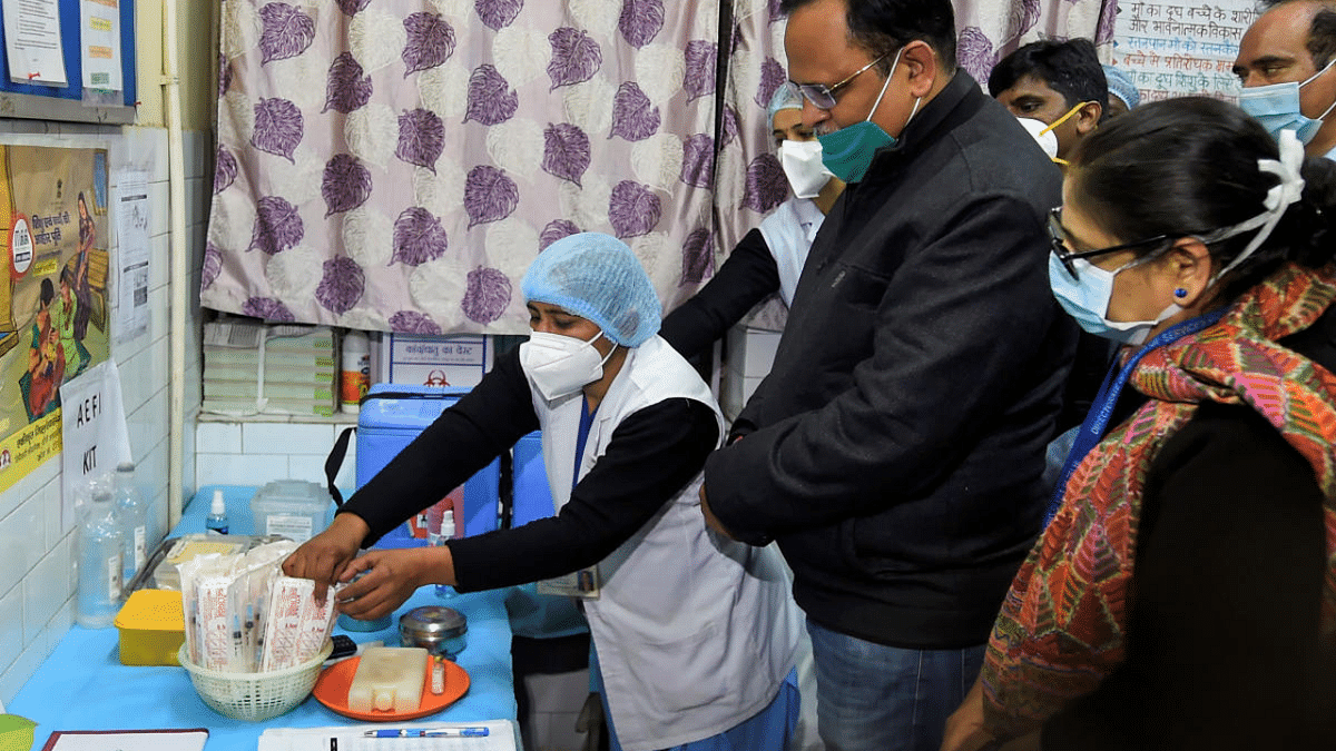 Health Minister Satyendar Jain attends the Covid-19 vaccine trial program at Maternity & Child Welfare (MCW) centre in Daryaganj, New Delhi. Credit: PTI Photo