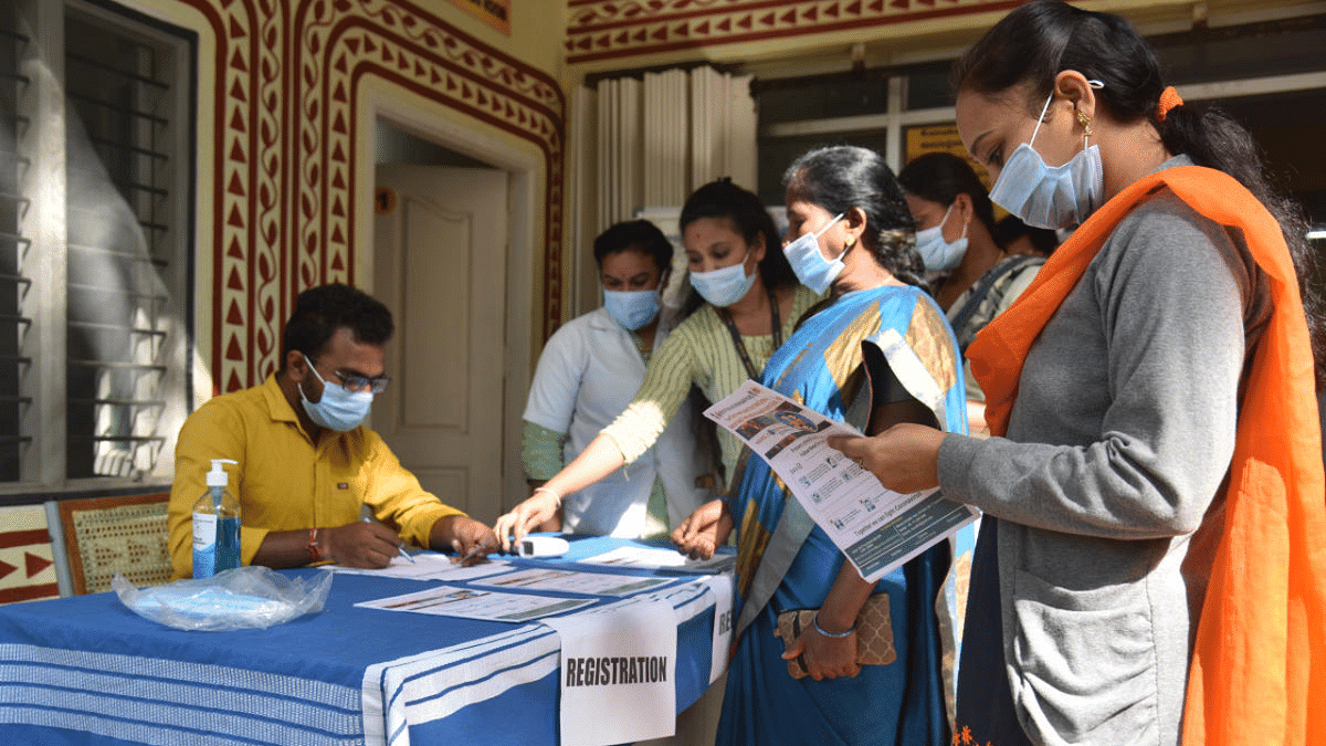 A registration counter of the Covid-19 vaccine dry run which was set up at the BBMP Primary Health Centre at Kamakshipalya in Bengaluru. Credit: DH Photo/Janardhan BK