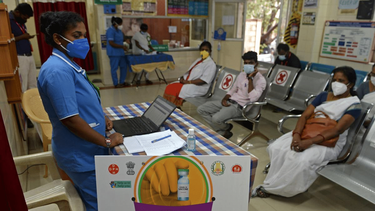 Health officials take part in dry run or a mock drill for Covid-19 coronavirus vaccine delivery at a primary health centre in Chennai. Credit: AFP Photo