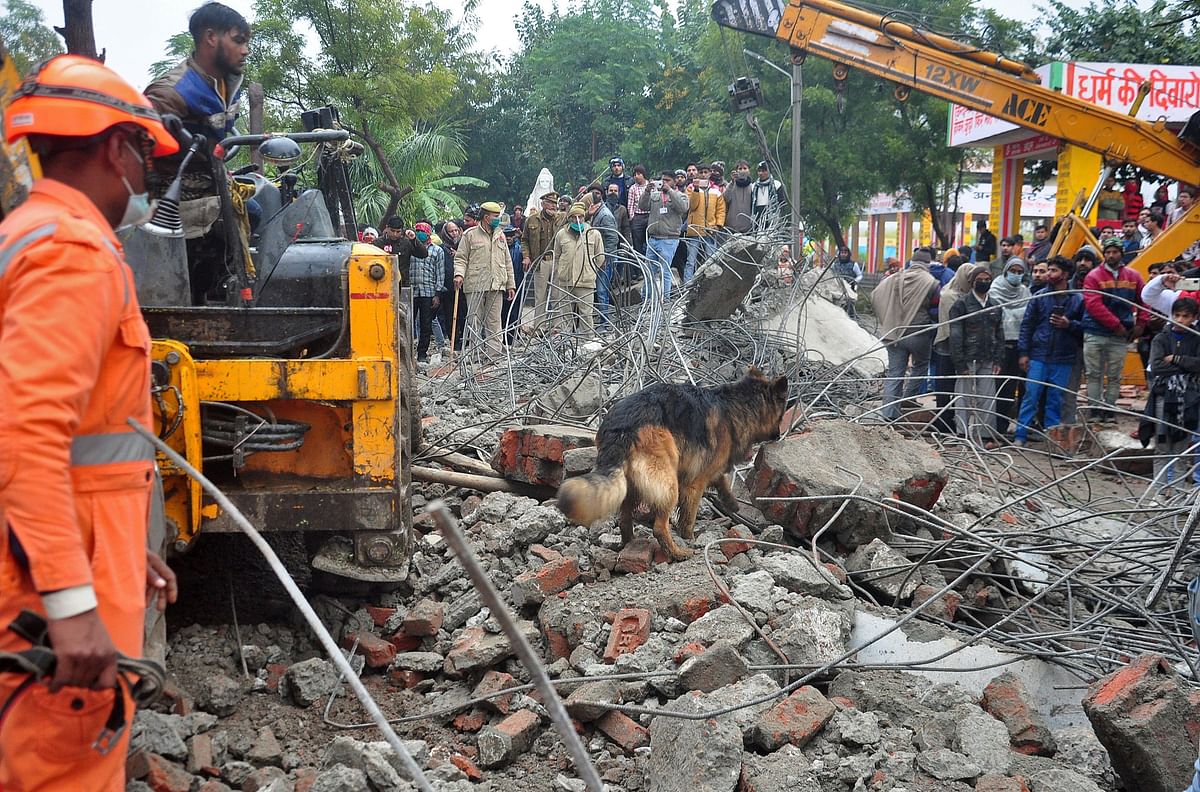 A sniffer dog examines the debris after the roof of a shelter at a crematorium collapsed in Ghaziabad. Credit: AFP Photo