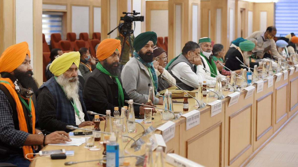 Bharatiya Kisan Union Spokesperson Rakesh Tikait and farmer representatives during the 8th round of talks with the government over the new farm laws, at Vigyan Bhawan in New Delhi. Credit: PTI Photo