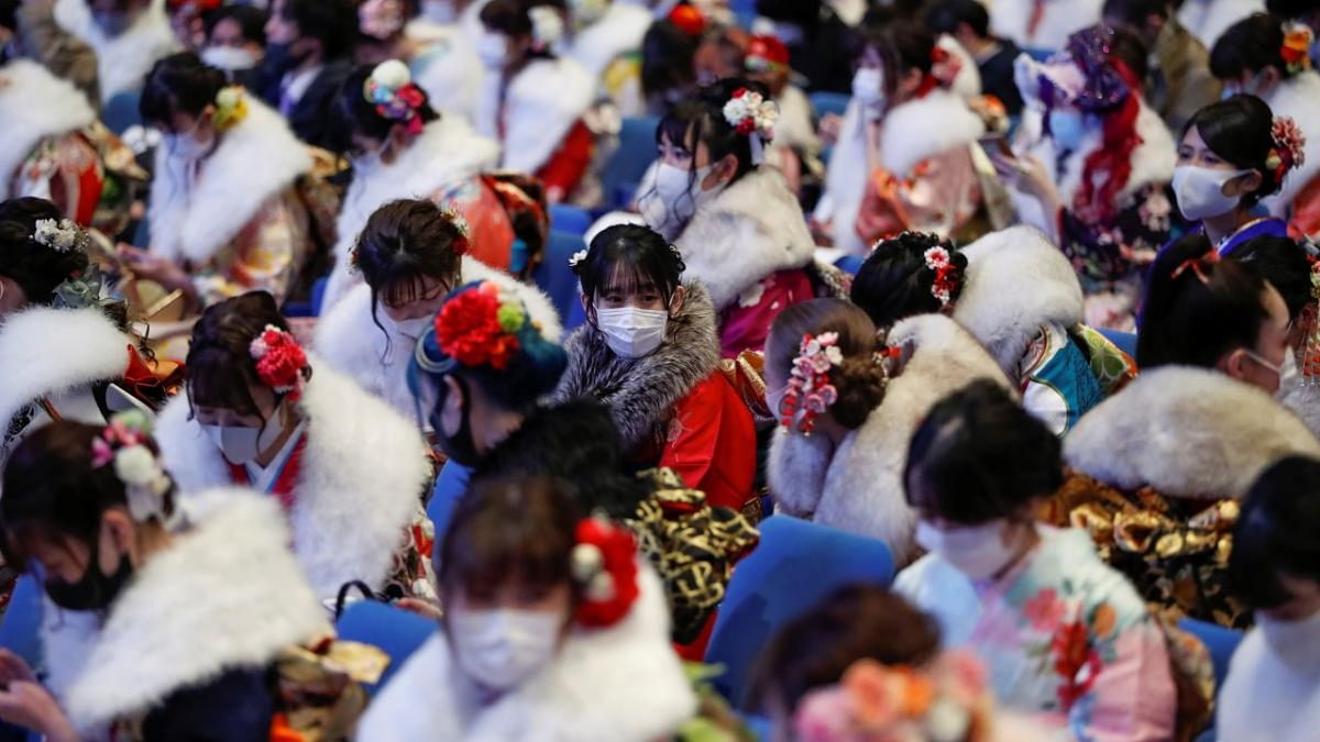 Youths including kimono-clad women wearing protective face masks attend their Coming of Age Day celebration ceremony amid the coronavirus disease outbreak, in Yokohama, Japan. Credit: Reuters.