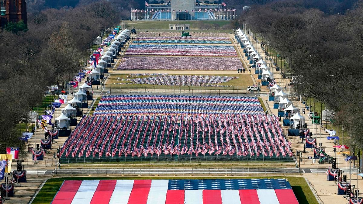 On the Mall's grassy expanse, some 200,000 flags have been planted to represent the absent crowds at the inauguration. Credit: AFP Photo