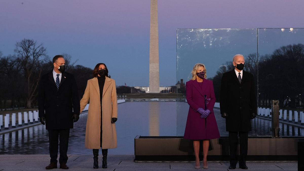 Inauguration eve is normally a time of massive crowds gathering in the capital, but Biden, joined by Vice President-elect Kamala Harris, was almost alone at the reflecting pool. Credit: AFP Photo