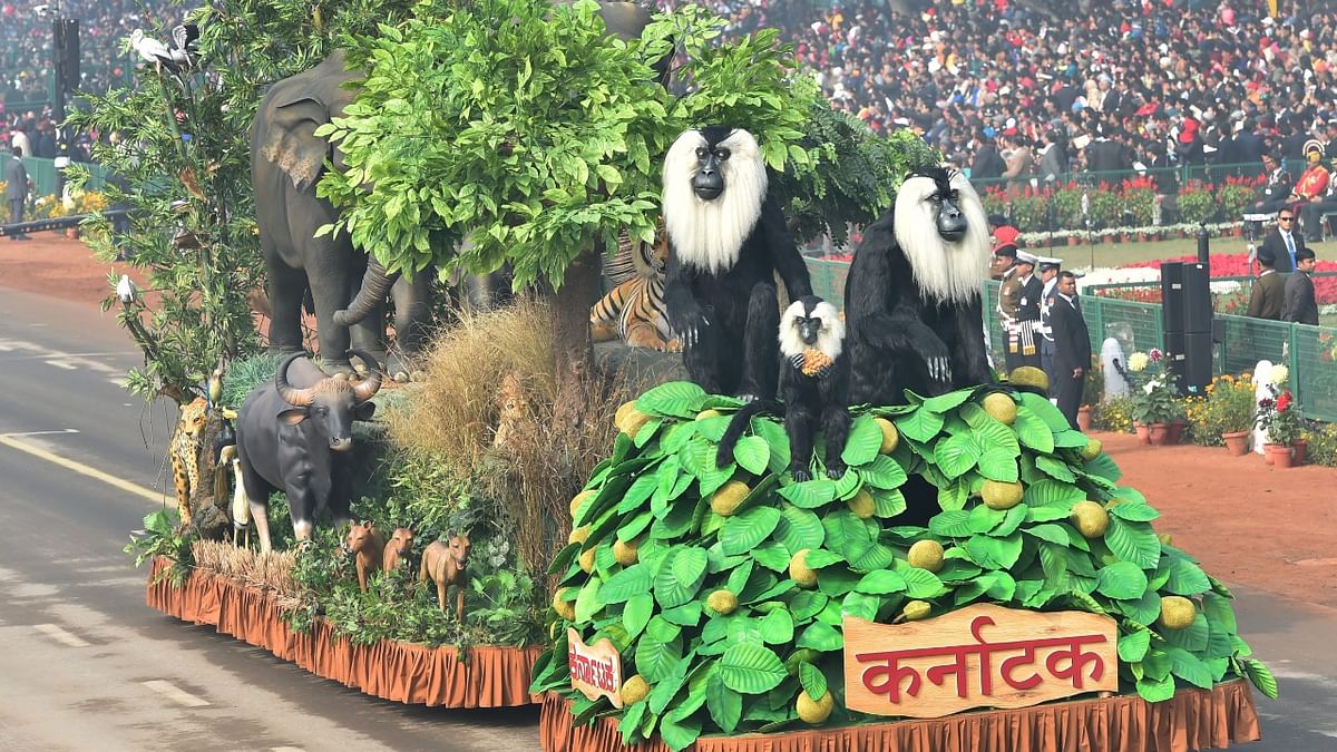 A tableau of Karnataka state showcasing wildlife on display at Rajpath during the 69th Republic Day Parade. Credit: PTI File Photo
