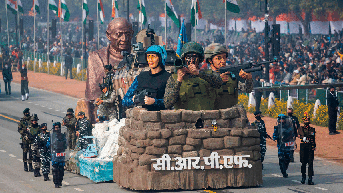 The CRPF tableau during the full dress rehearsal of the upcoming Parade at Rajpath. Credit: AFP Photo