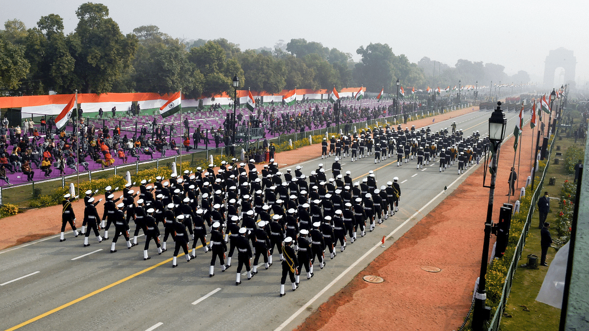 The Indian Navy contingent at Rajpath during their full dress rehearsal. Credit: PTI Photo