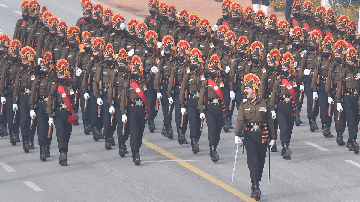 The J&K Rifles contingent at Rajpath during Parade rehearsals. Credit: PTI Photo
