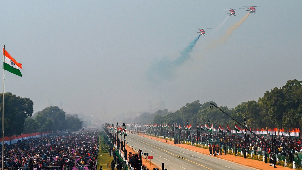 Helicopters fly past Rajpath, preparing for the Republic Day Parade. Credit: AFP Photo