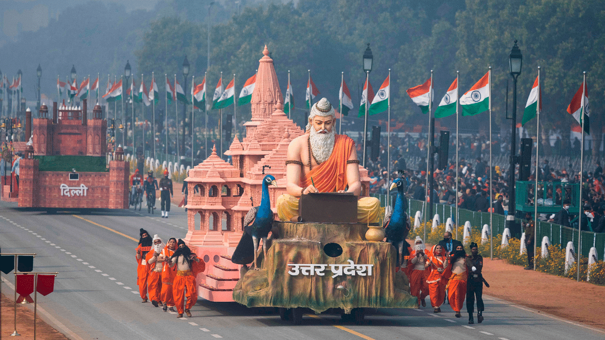 The Uttar Pradesh Tableau moving along Rajpath during the Republic Day Parade rehearsals. Credit: AFP Photo