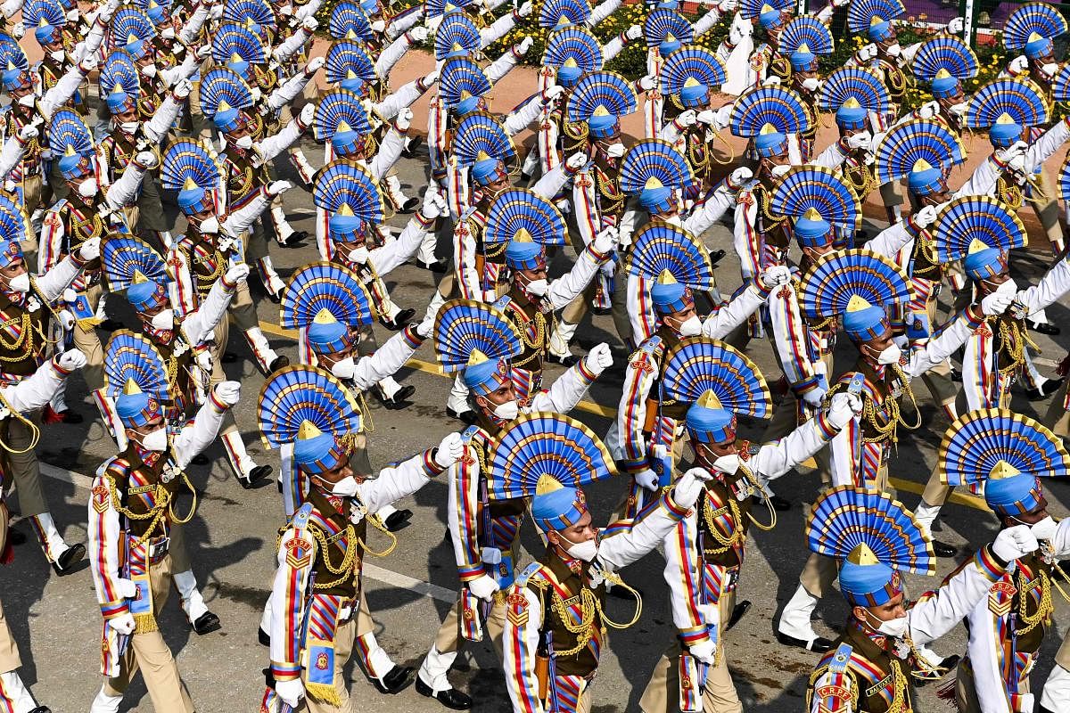Soldiers march along Rajpath during the Republic Day parade in New Delhi on January 26, 2021. Credit: AFP Photo
