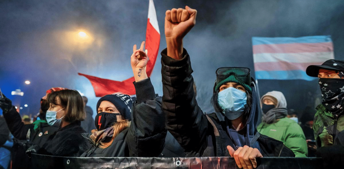 A demonstrator gestures as people take part in a pro-choice protest in the center of Warsaw. Credit: AFP photo.