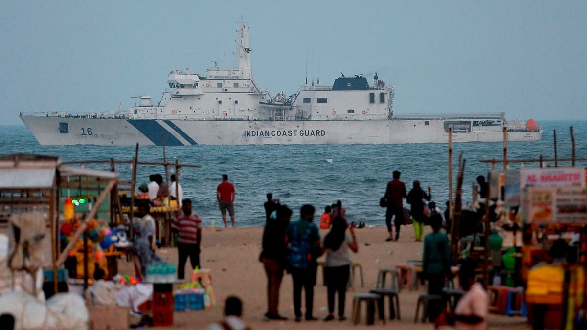 An Indian Coast Guard ship sails past on the occasion of the 45th Raising Day of Indian Coast Guard at Marina beach in Chennai. Credit: AFP Photo