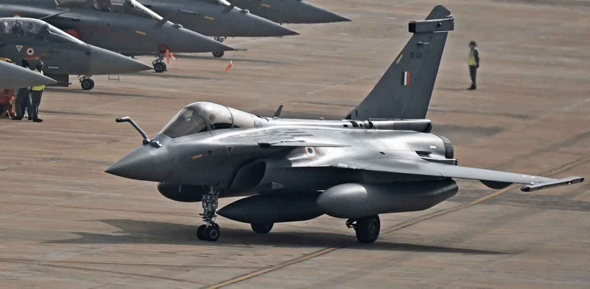Indian Air Force's Rafale fighter jet taxis on the tarmac during the first day of the Aero India 2021 Airshow at the Yelahanka Air Force Station in Bengaluru. Credit: AFP Photo