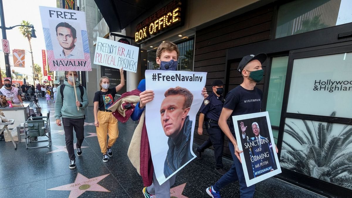 Protesters march in Hollywood during a demonstration in support of Russian opposition leader Alexei Navalny. Credit: Reuters Photo