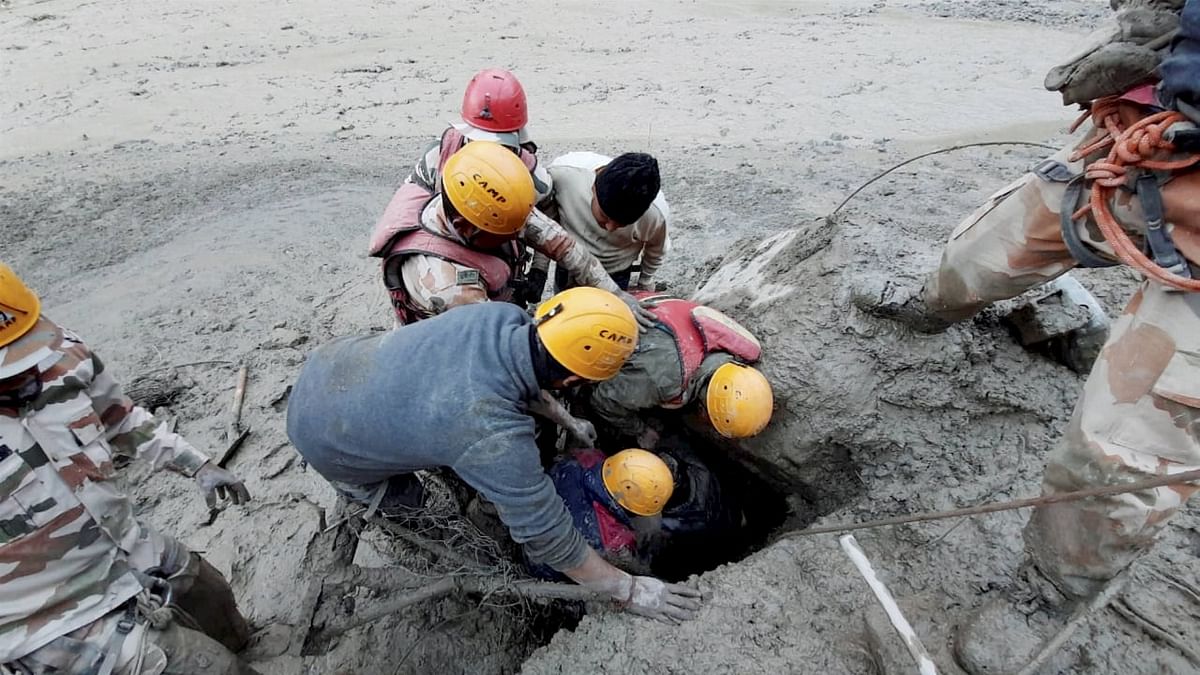 ITBP personnel carry out search and rescue operation at Tapovan Tunnel, after a glacier broke off in Joshimath in Uttarakhand’s Chamoli district causing a massive flood in the Dhauli Ganga river. Credit: PTI File Photo.