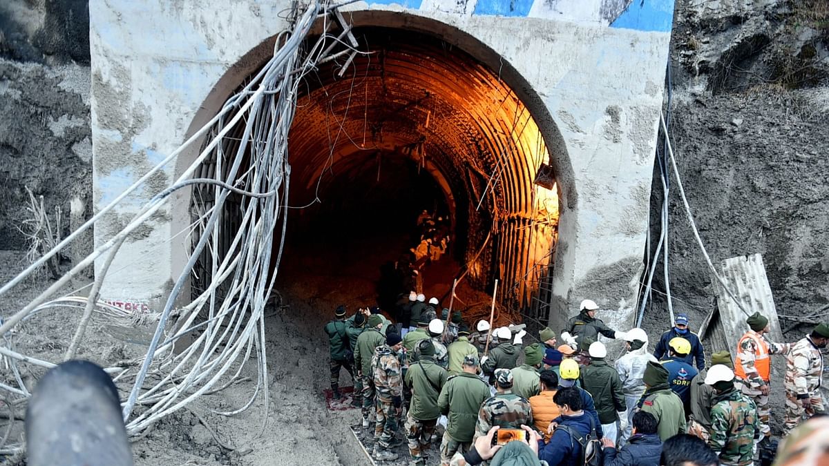 Rescue operations underway at Tapovan Tunnel, after a glacier broke off in Joshimath causing a massive flood in the Dhauli Ganga river, in Chamoli district of Uttarakhand. Credit: PTI Photo.