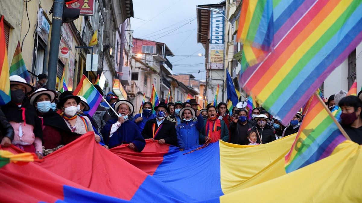 Members of indigenous communities and supporters of Ecuador's presidential candidate Yaku Perez march to demand a recount of votes cast during the February 7 presidential election, in Canar, Ecuador. Credit: Reuters Photo