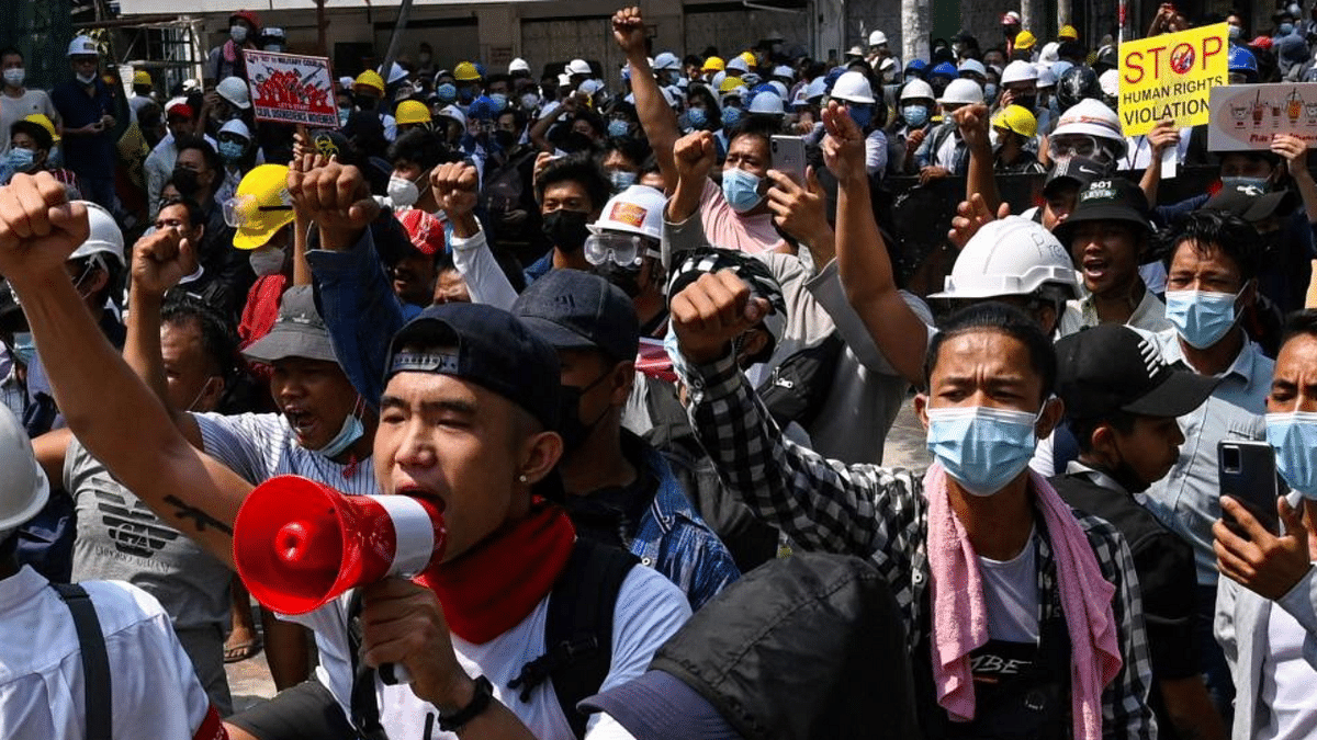 Protesters take part in a demonstration against the military coup in Yangon. Credit: AFP Photo