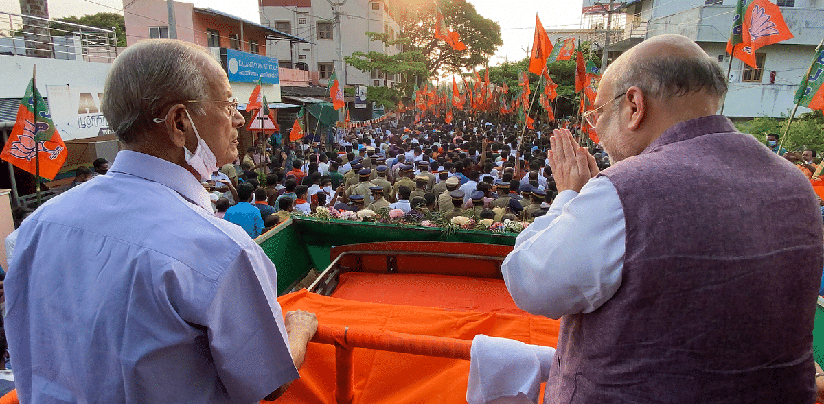 Union Home Minister Amit Shah during a public meeting in Malampuzha. Credit: PTI Photo