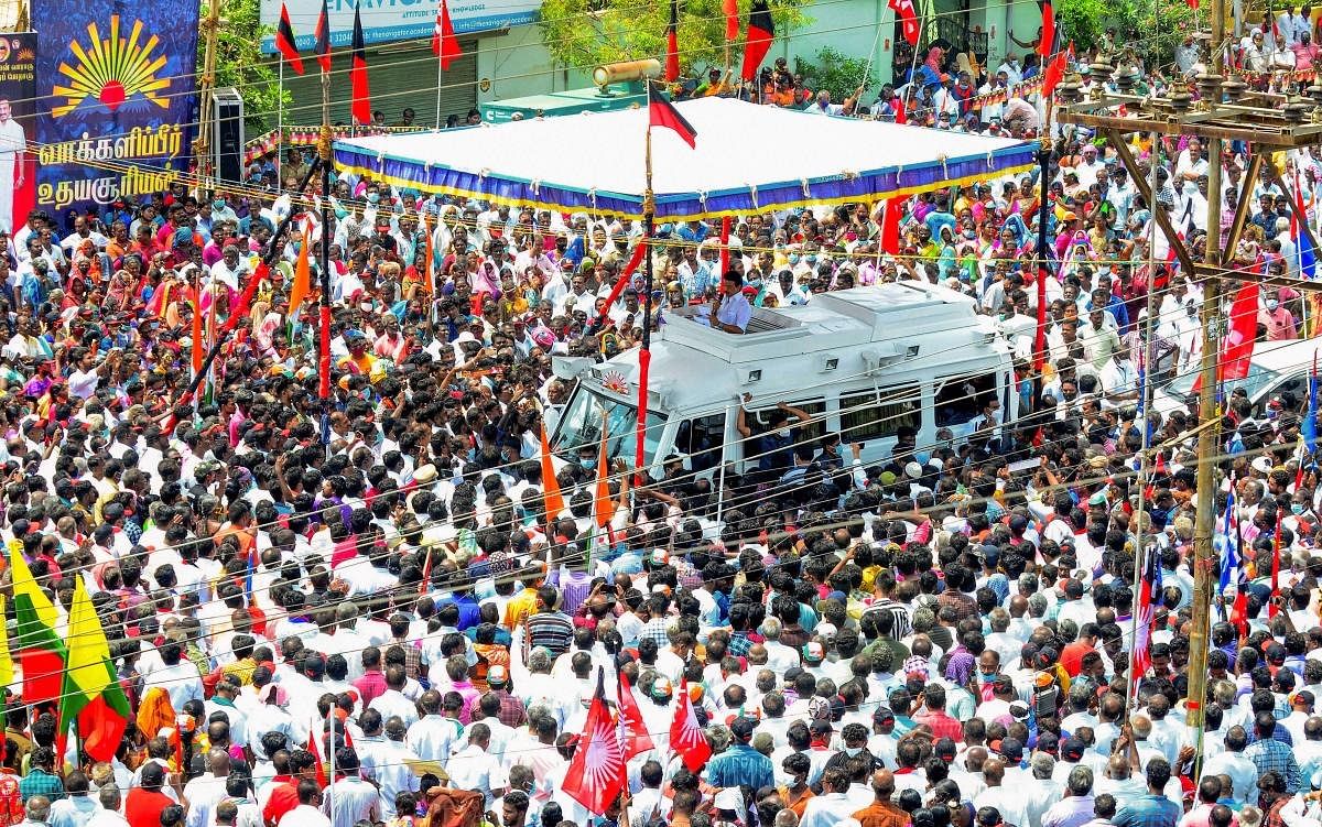 DMK President MK Stalin addresses during an election campaign rally in support of his party's Tuticorin candidate Geetha Jeevan, ahead of Tamil Nadu assembly polls ,in Tuticorin. Credit: PTI Photo