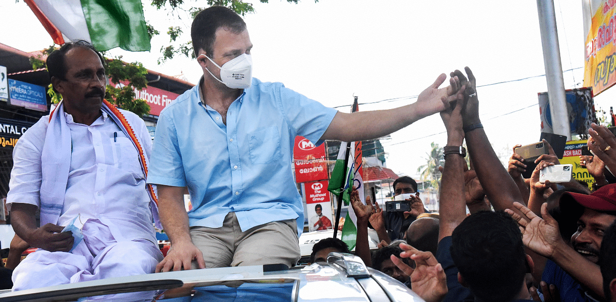 Congress leader Rahul Gandhi campaigns in support of UDF candidate K. Babu ahead of Assembly elections, at Pallurutthy in Kochi ahead of Kerala Assembly elections. Credit: PTI Photo