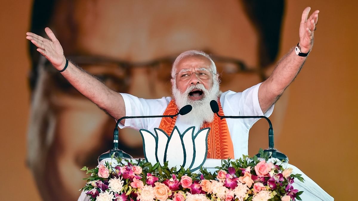 Prime Minister Narendra Modi addresses a public meeting ahead of the Assembly elections, in Puducherry, Thursday, February 25, 2021. Credit: PTI File Photo