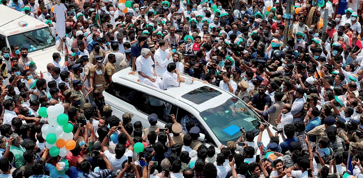 Congress leader Rahul Gandhi during a roadshow for upcoming Assembly polls, at Manarkadu in Kottyam district. Credit: PTI Photo