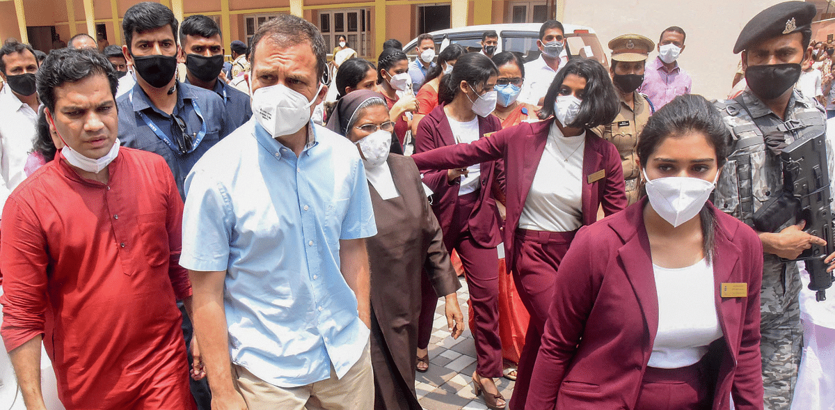 Congress leader Rahul Gandhi with MP Hibi Eden at St. Theresa's College in Kochi, where he taught students martial arts as part of his localised campaign. Credit: PTI Photo