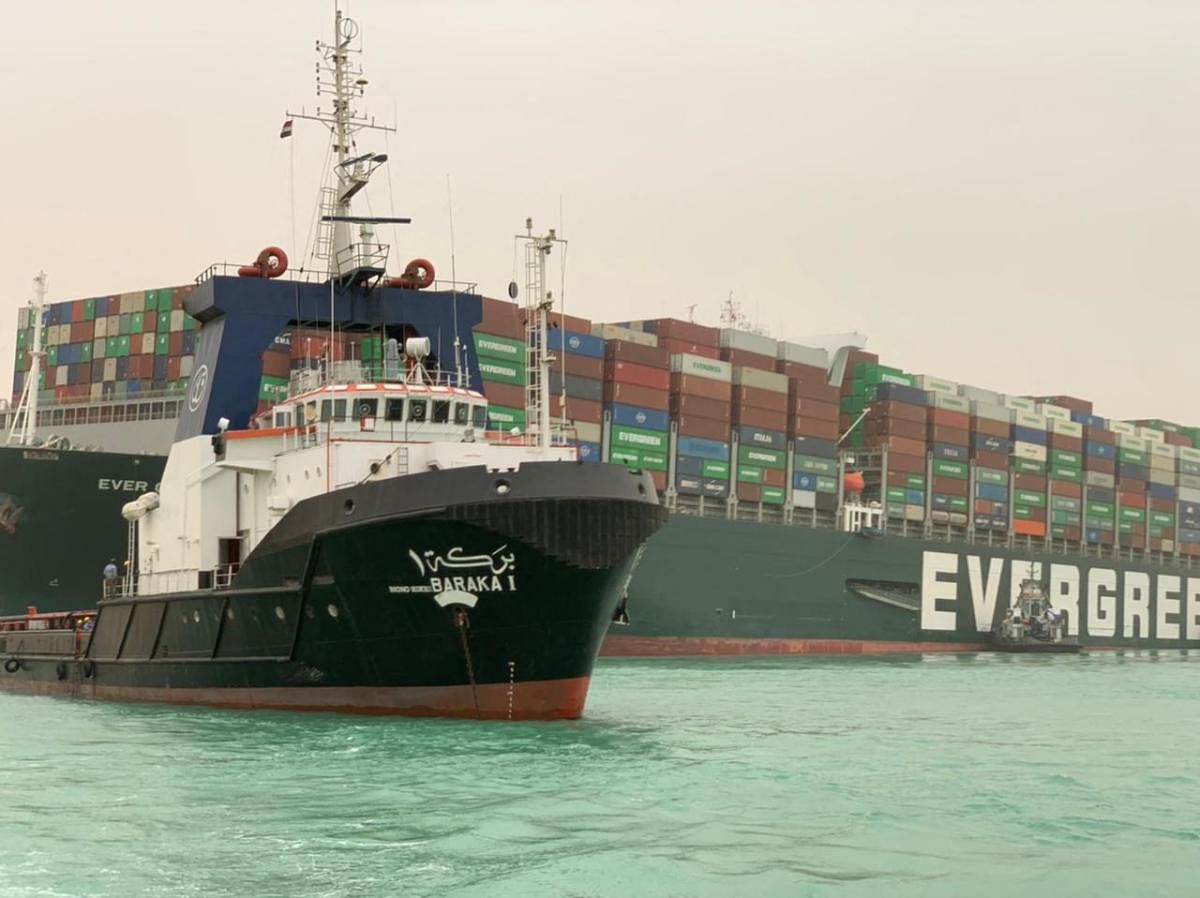 Evergreen Marine Corp, said in a statement that the Ever Given had been overcome by strong winds as it entered the canal from the Red Sea but none of its containers had sunk. Credit: AFP Photo